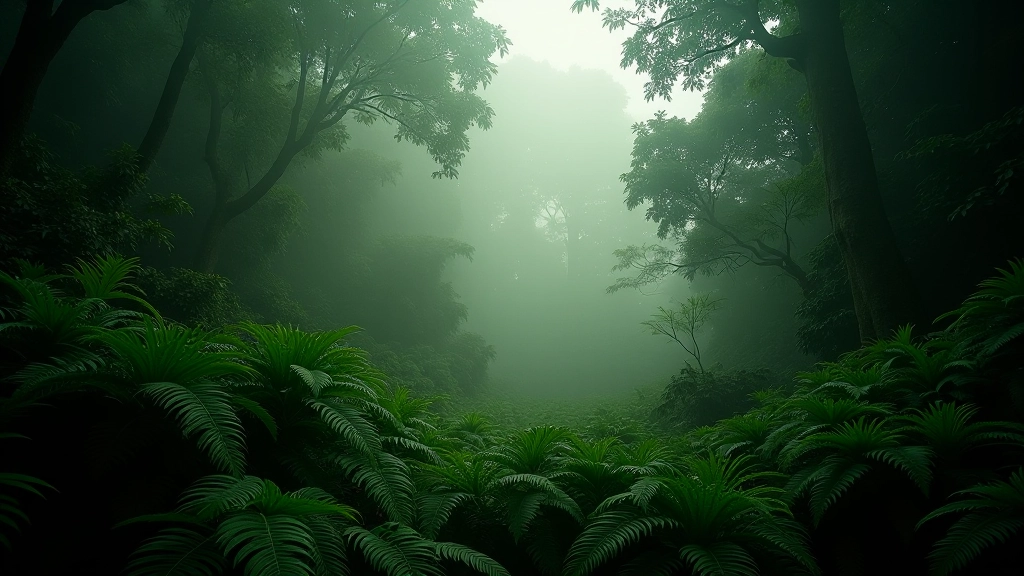 Bosque tropical lluvioso con helechos gigantes bajo luz natural filtrada