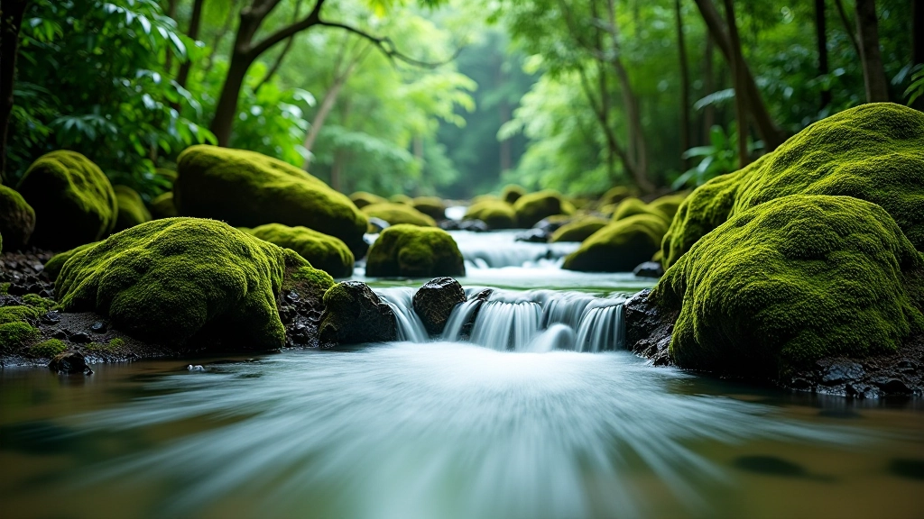 Arroyo cristalino fluyendo suavemente entre rocas cubiertas de musgo en el bosque tropical