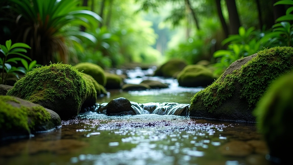 Arroyo cristalino fluyendo suavemente en el bosque tropical con rocas cubiertas de musgo