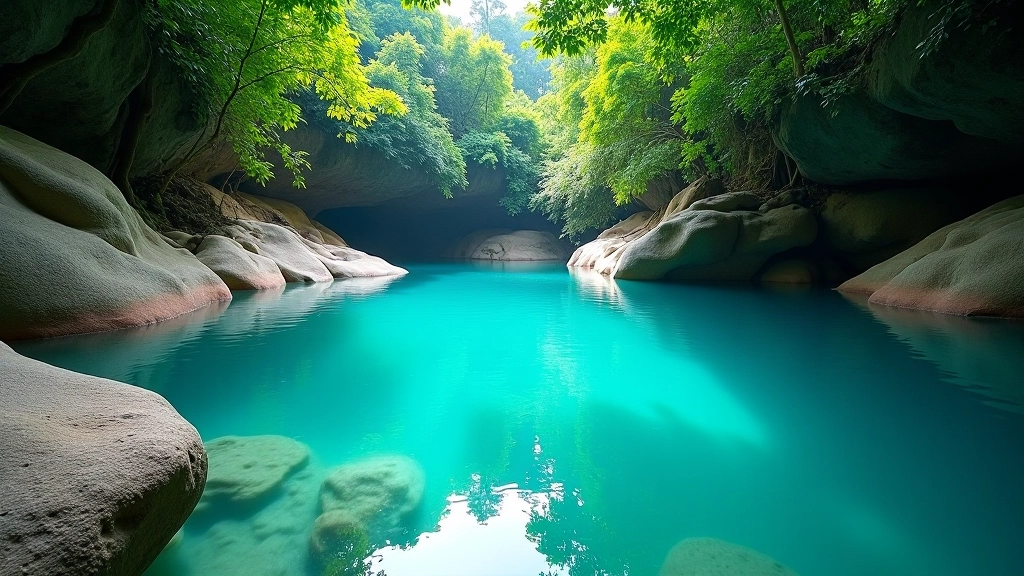 Piscina natural cristalina en El Yunque con rocas lisas alrededor, reflejando el cielo entre los árboles