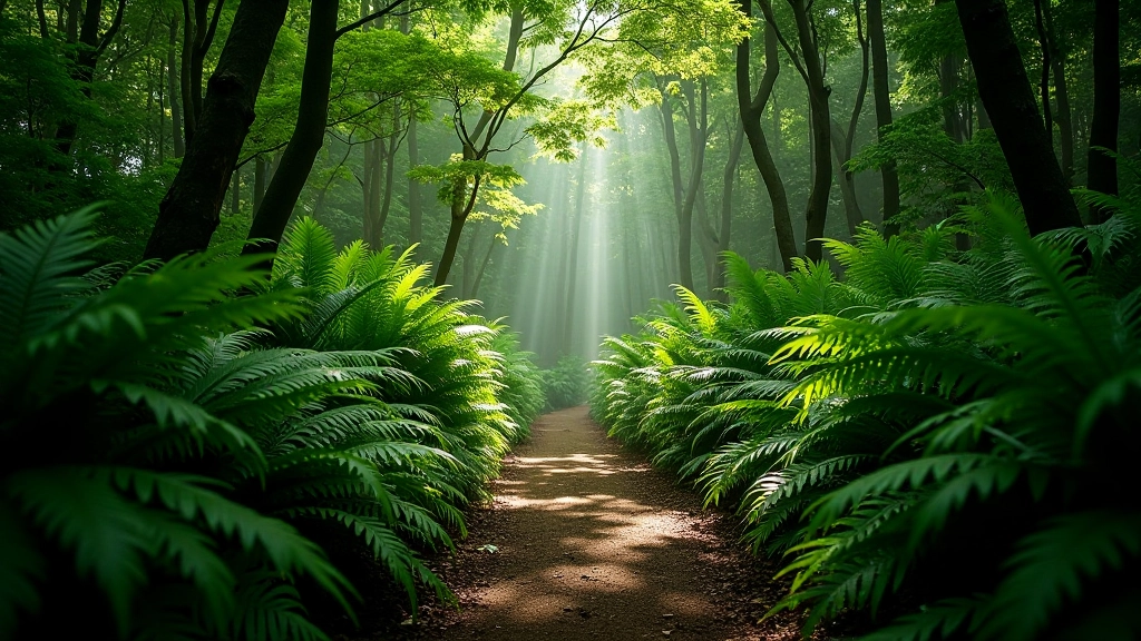 Sendero tranquilo entre helechos gigantes con luz natural filtrándose entre las hojas
