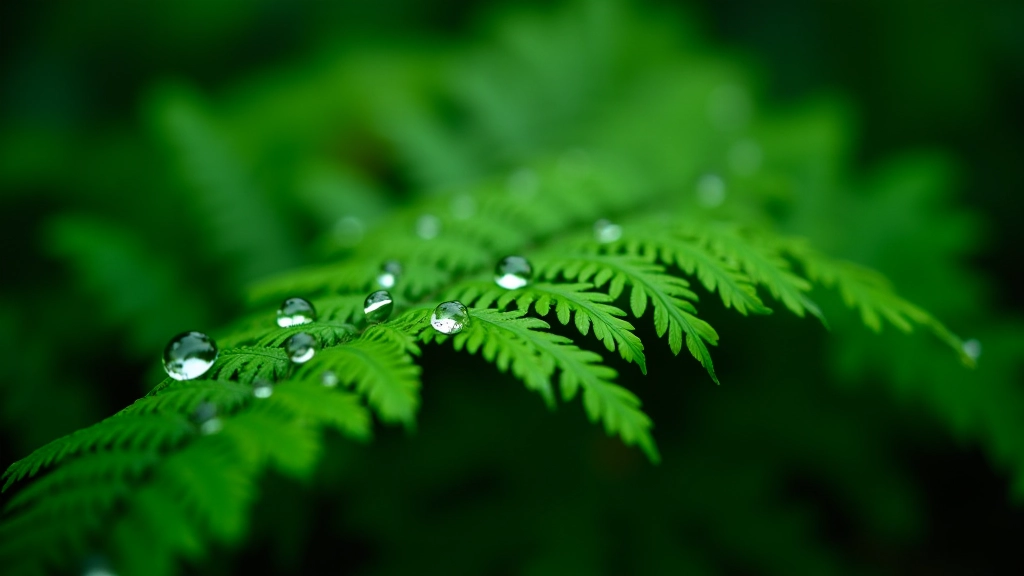 Detalle de helechos frondosos con gotas de agua después de lluvia tropical, follaje verde intenso