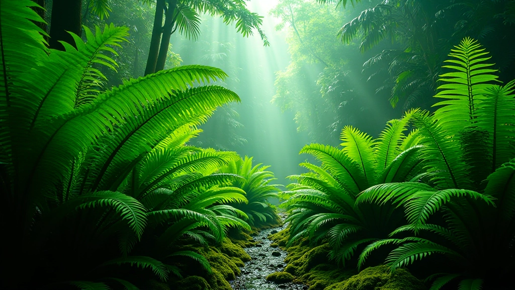 Helechos gigantes del Yunque con frondas verdes exuberantes, luz verde filtrada entre las hojas, ambiente húmedo y fresco del bosque tropical profundo