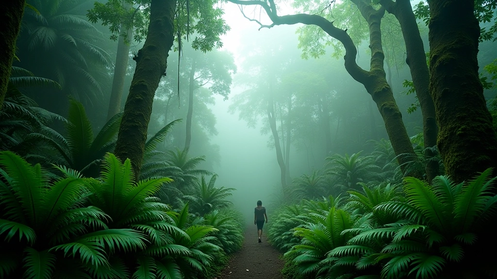 Bosque tropical exuberante con helechos gigantes y vegetación verde