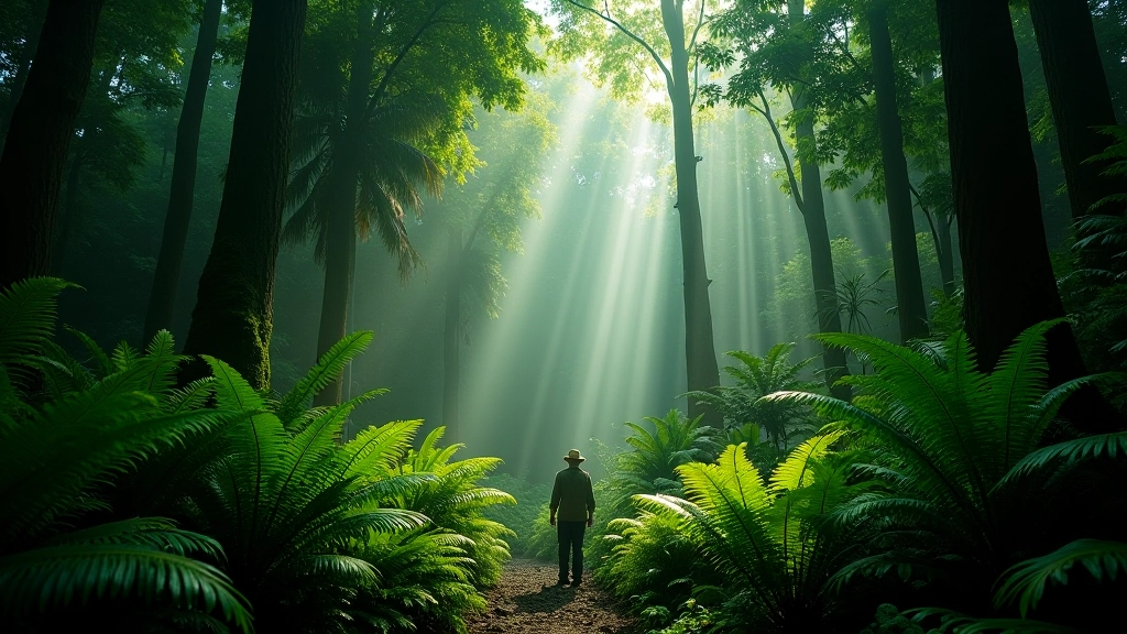 Dosel majestuoso del bosque tropical con helechos gigantes formando efecto catedral natural