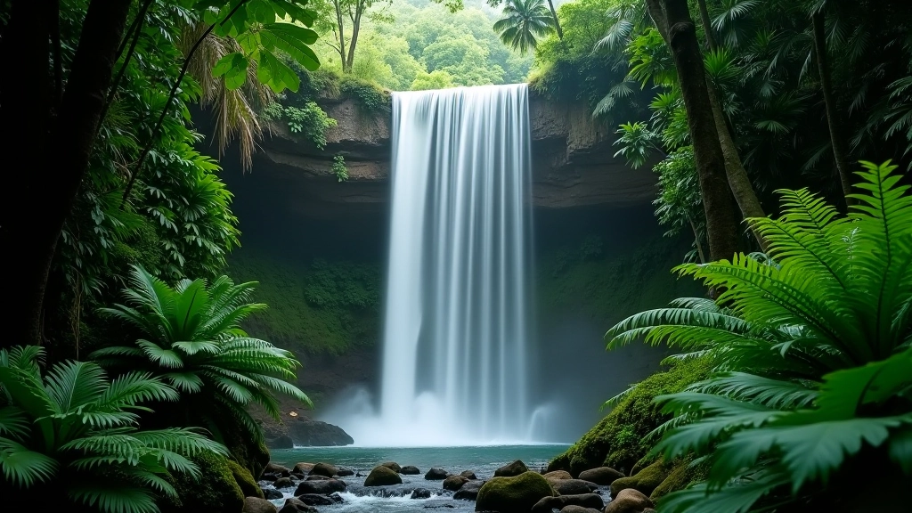 Cascada majestuosa rodeada de vegetación tropical exuberante en El Yunque, luz natural filtrándose entre los árboles