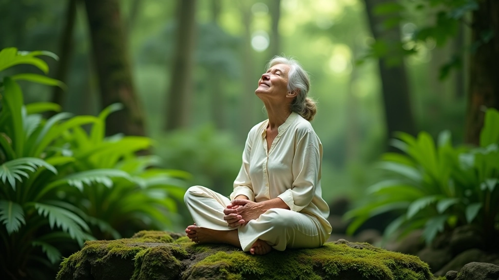 Persona mayor meditando sentada en una piedra en el bosque tropical, rodeada de helechos y musgo verde