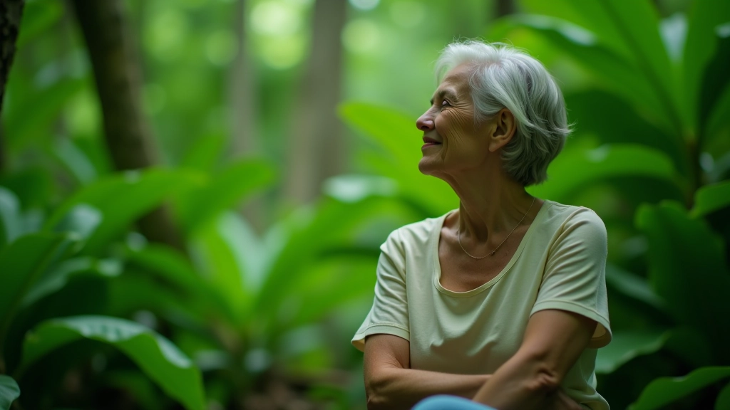 Persona mayor sentada en paz en el bosque tropical, rodeada de vegetación exuberante