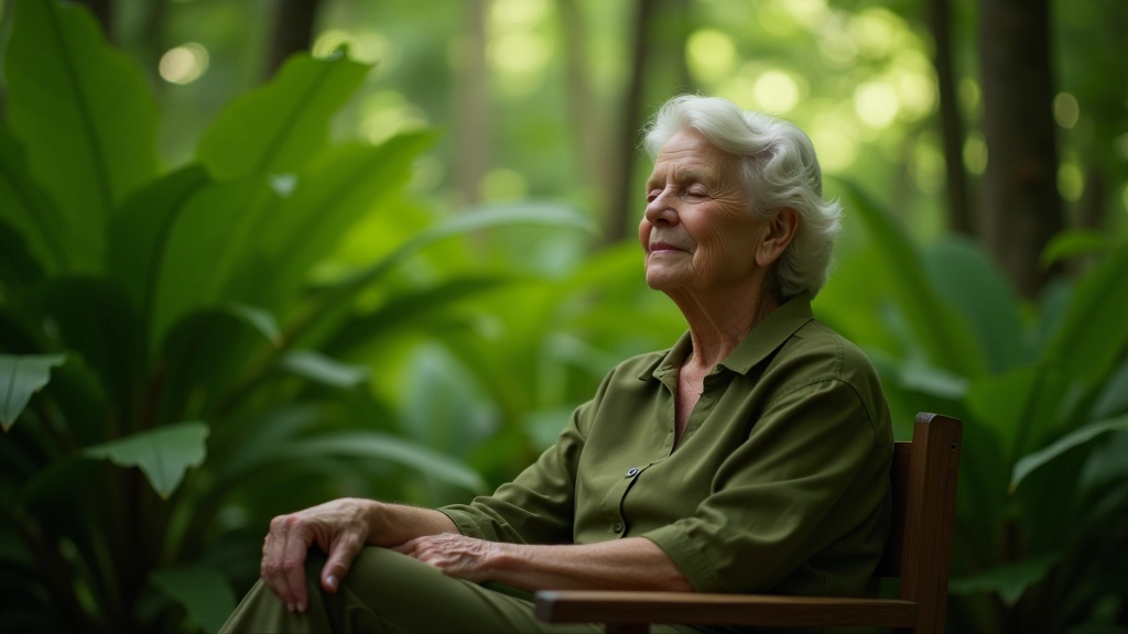 Mujer adulta mayor de 68 años, completamente vestida con ropa cómoda de color verde oliva, sentada en una silla de madera en el bosque, con los ojos cerrados y expresión serena, rodeada de helechos gigantes y luz natural filtrada