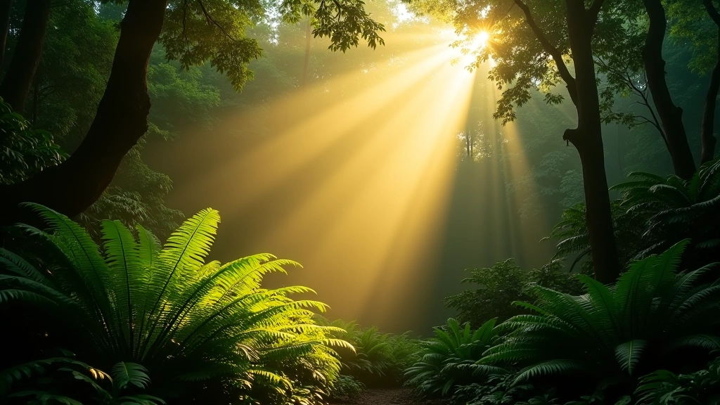 Luz solar filtrándose a través del dosel del bosque tropical, rayos de luz entre helechos y plantas verdes