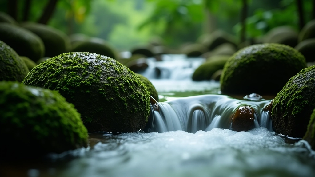 Primer plano de agua cayendo en cascada suave sobre rocas redondeadas de musgo verde en el bosque tropical, luz natural de la tarde, rocío en el aire, sonido del agua claramente visible
