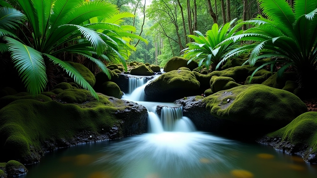 Cascada pequeña en el bosque tropical, agua cristalina cayendo sobre rocas con helechos alrededor