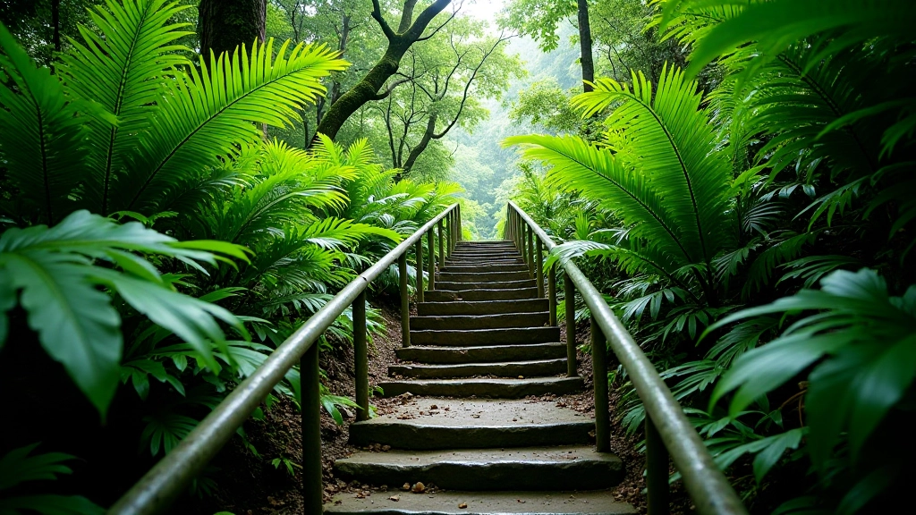 Sendero en el bosque tropical con escalones naturales y barandilla, rodeado de helechos y vegetación exuberante