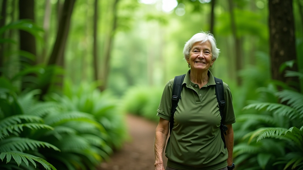 Persona adulta mayor caminando lentamente por sendero de bosque tropical, rodeada de helechos verdes, luz natural difusa